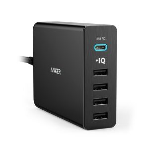 Incarcator de retea premium Anker PowerPort+ 5 60W 1xUSB-C 4xUSB 3.0 cu Power Delivery si PowerIQ Negru