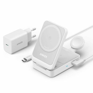 Incarcator wireless magnetic Anker MagGo 3-in-1, MagSafe compatibil, 15W, Qi2 Certificat, Pliabil, (incarcator si cablu USB-C inclus), Alb