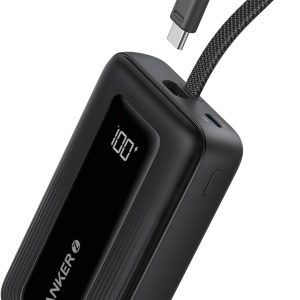 Acumulator extern Anker Zolo 10.000 mAh, 30W, 1x USB-C, 1x USB-A, cablu USB-C incorporat, Negru
