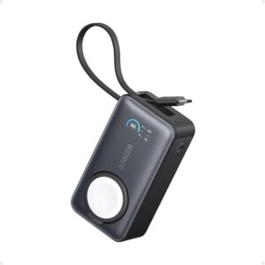 Acumulator extern Anker MagGo Apple Watch, 10000 mAh, Ultra-Slim, Qi2 35W, cablu USB-C incorporat, Negru