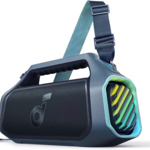 Boxa portabila Anker Soundcore Boom 2 Plus, 140W, BassUp 2.0, IPX7, Lumini RGB, Baterie externa, Bluetooth 5.3, Albastru
